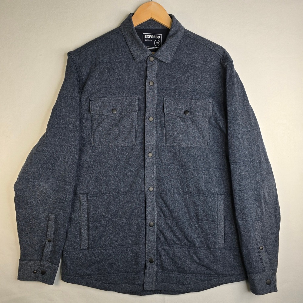 Express Mens Quilted Shirt Jacket Navy Blue Snap Front Shacket Size M